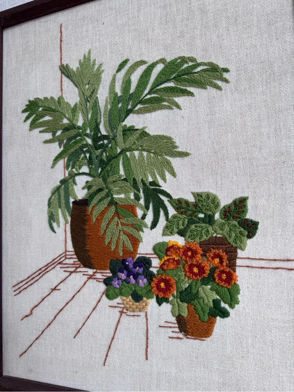 Vintage Crewel Embroidered Plant Wall Art